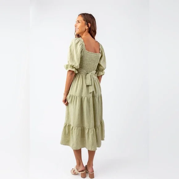 Bohme Green Gingham Smocked Puff Sleeve Midi Dress with Back Bow Cottagecore - Picture 3 of 11